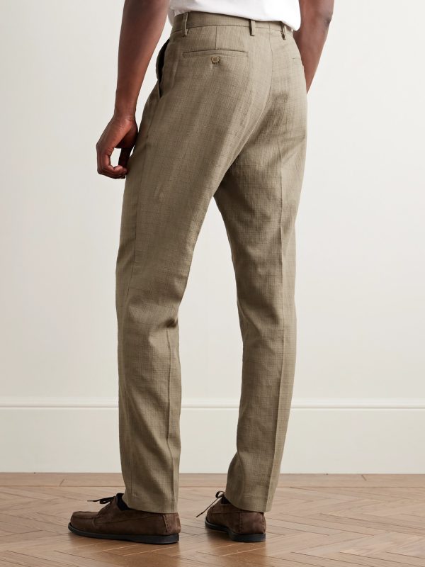 Straight-Leg Pleated Textured-Cotton Trousers - BK Straight-Leg Pleated Textured-Cotton Trousers - BK
