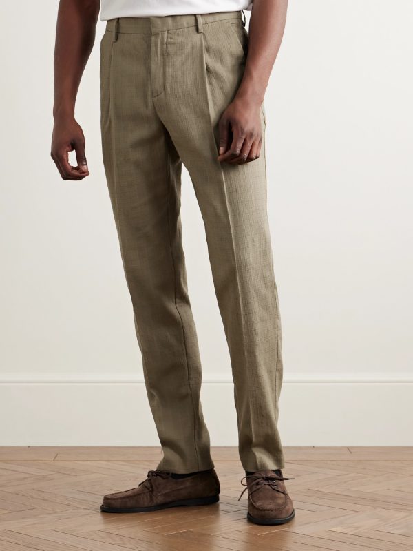 Straight-Leg Pleated Textured-Cotton Trousers - FR Straight-Leg Pleated Textured-Cotton Trousers - FR