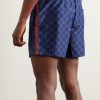 Slim-Fit Mid-Length Logo-Print Striped Swim Shorts - BK Slim-Fit Mid-Length Logo-Print Striped Swim Shorts - BK