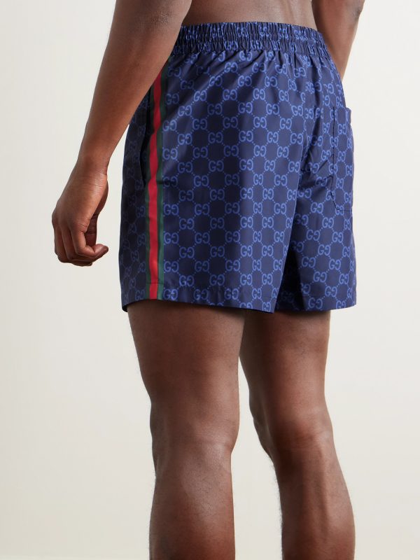 Slim-Fit Mid-Length Logo-Print Striped Swim Shorts - BK Slim-Fit Mid-Length Logo-Print Striped Swim Shorts - BK