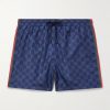 Slim-Fit Mid-Length Logo-Print Striped Swim Shorts Slim-Fit Mid-Length Logo-Print Striped Swim Shorts