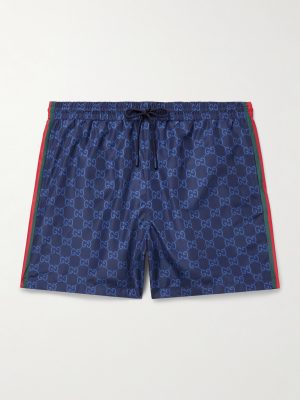 Slim-Fit Mid-Length Logo-Print Striped Swim Shorts Slim-Fit Mid-Length Logo-Print Striped Swim Shorts