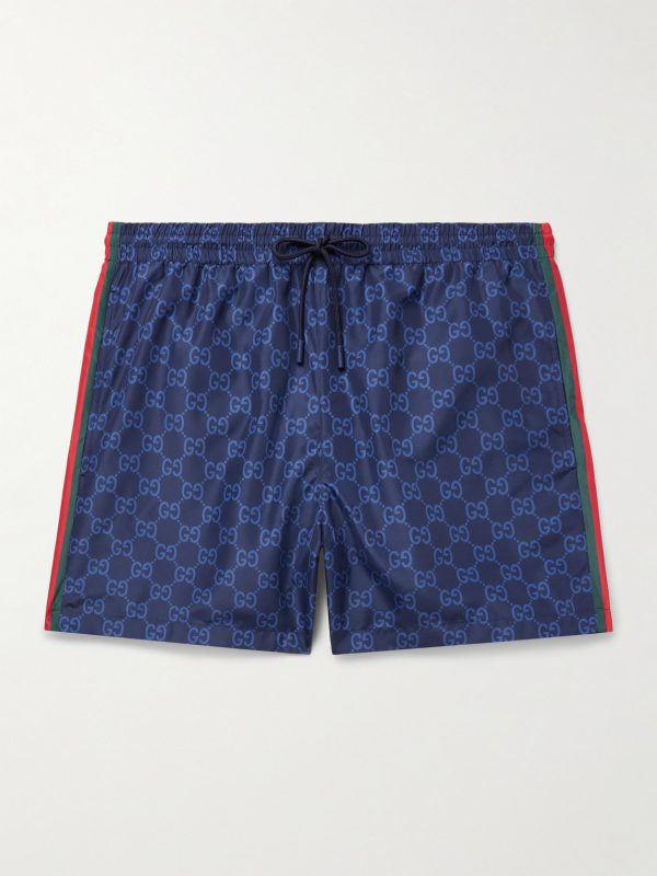 Slim-Fit Mid-Length Logo-Print Striped Swim Shorts Slim-Fit Mid-Length Logo-Print Striped Swim Shorts