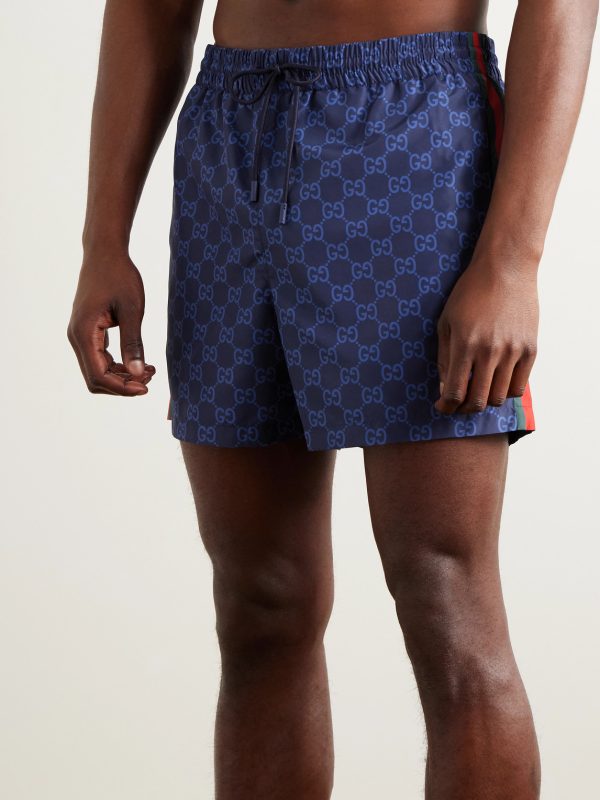 Slim-Fit Mid-Length Logo-Print Striped Swim Shorts - OU Slim-Fit Mid-Length Logo-Print Striped Swim Shorts - OU