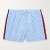 Slim-Fit Mid-Length Logo-Print Striped Swim Shorts