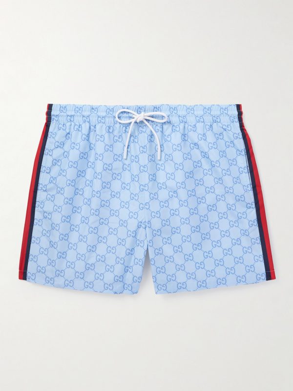 Slim-Fit Mid-Length Logo-Print Striped Swim Shorts