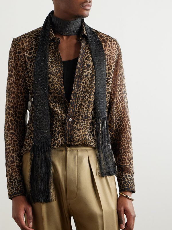 Fringed Crystal-Embellished Crocheted Scarf - OU
