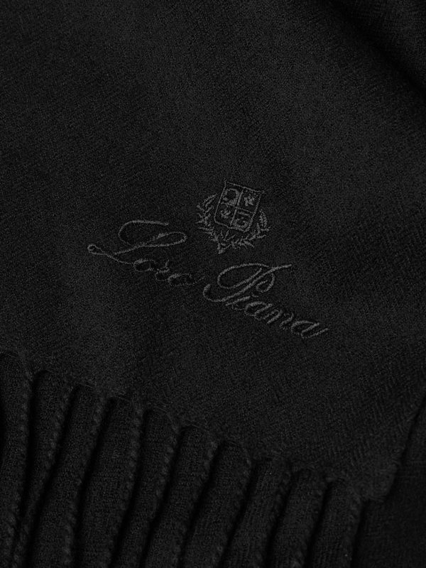 Logo-Embroidered Fringed Herringbone Cashmere Scarf - CU