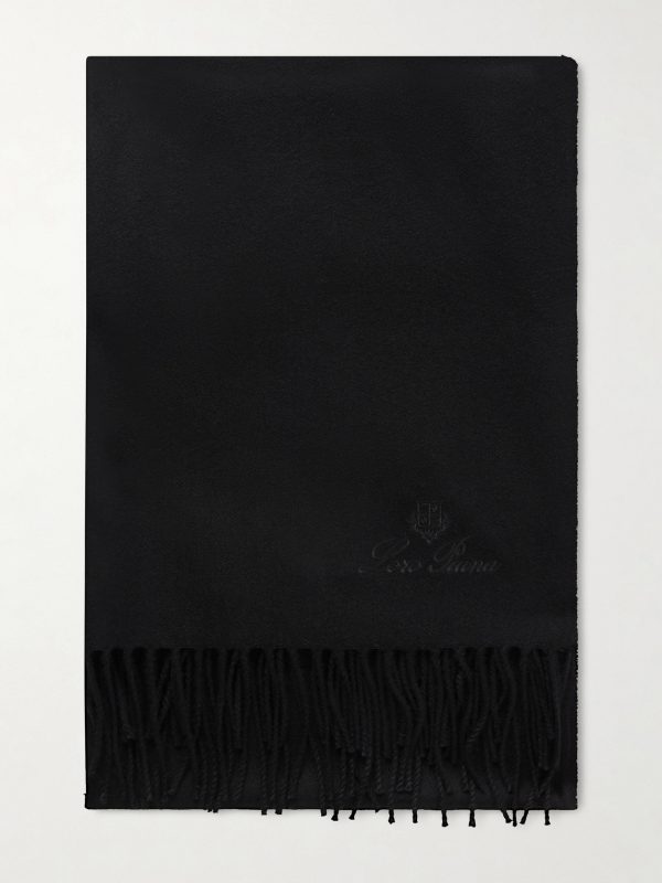 Logo-Embroidered Fringed Herringbone Cashmere Scarf