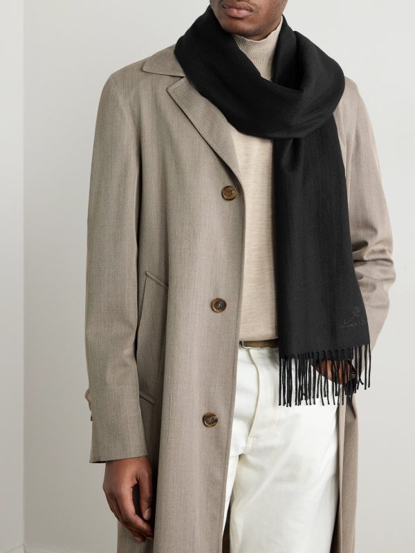 Logo-Embroidered Fringed Herringbone Cashmere Scarf - OU