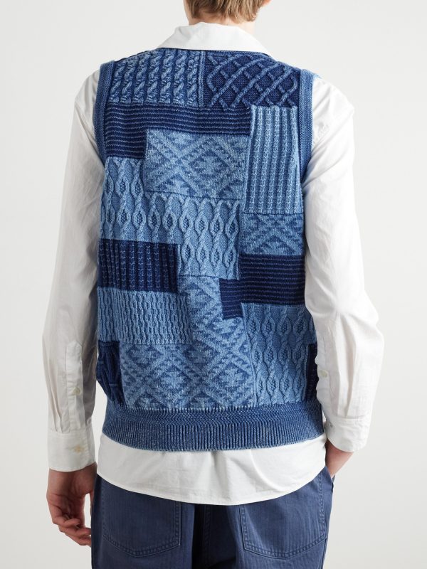 Patchwork Indigo-Dyed Cotton Sweater Vest - BK Patchwork Indigo-Dyed Cotton Sweater Vest - BK