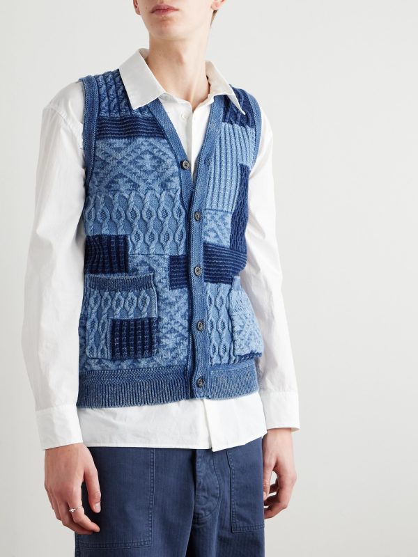 Patchwork Indigo-Dyed Cotton Sweater Vest - FR Patchwork Indigo-Dyed Cotton Sweater Vest - FR