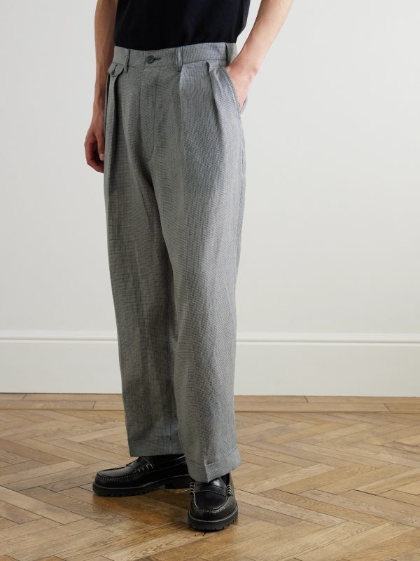 Straight-Leg Pleated Checked Linen and Cupro-Blend Trousers - FR Straight-Leg Pleated Checked Linen and Cupro-Blend Trousers - FR