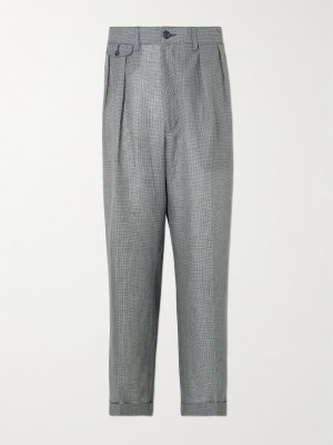 Straight-Leg Pleated Checked Linen and Cupro-Blend Trousers