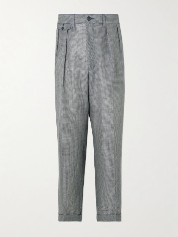 Straight-Leg Pleated Checked Linen and Cupro-Blend Trousers Straight-Leg Pleated Checked Linen and Cupro-Blend Trousers