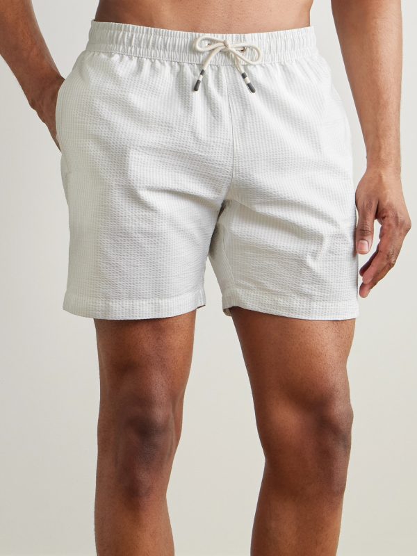 Straight-Leg Mid-Length Striped Seersucker Swim Shorts - OU Straight-Leg Mid-Length Striped Seersucker Swim Shorts - OU