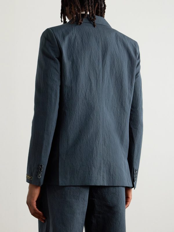 Double-Breasted Cotton and Linen-Blend Seersucker Blazer - BK Double-Breasted Cotton and Linen-Blend Seersucker Blazer - BK