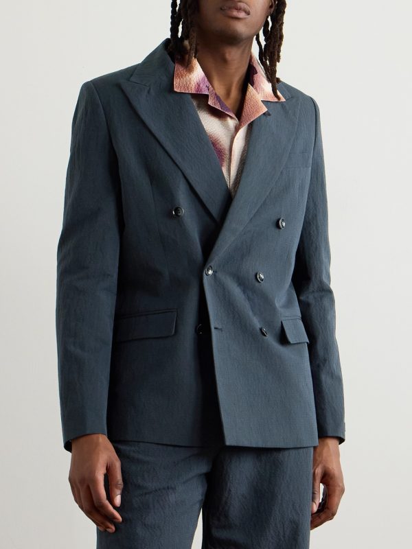 Double-Breasted Cotton and Linen-Blend Seersucker Blazer - FR Double-Breasted Cotton and Linen-Blend Seersucker Blazer - FR