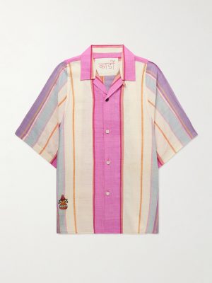 Yusuke Convertible-Collar Embroidered Striped Silk Shirt