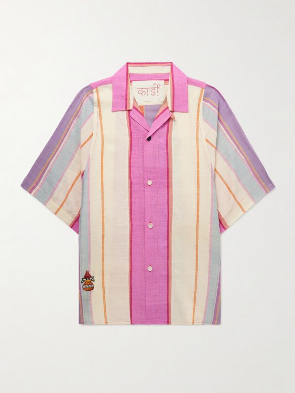 Yusuke Convertible-Collar Embroidered Striped Silk Shirt Yusuke Convertible-Collar Embroidered Striped Silk Shirt