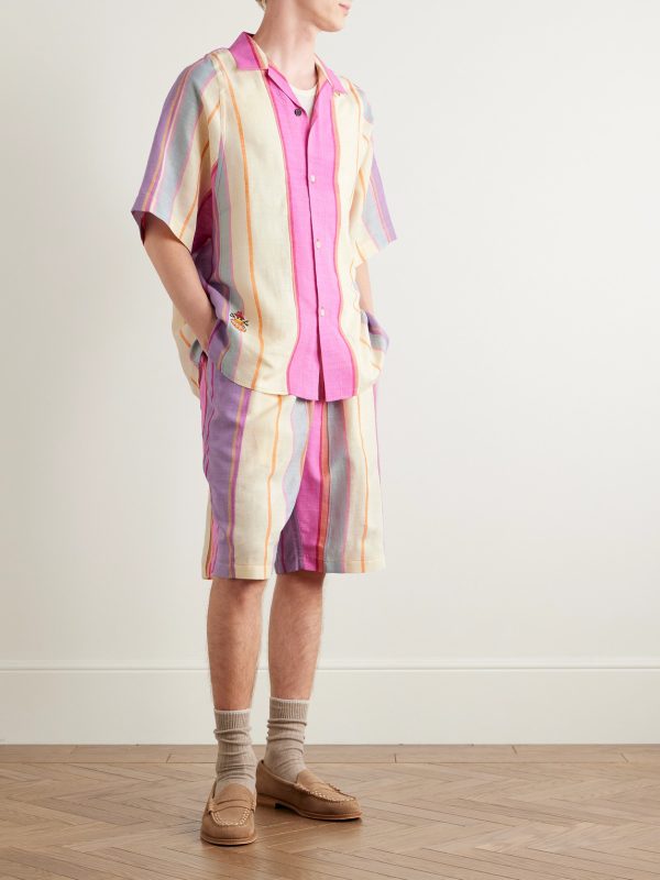 Yusuke Convertible-Collar Embroidered Striped Silk Shirt - OU Yusuke Convertible-Collar Embroidered Striped Silk Shirt - OU