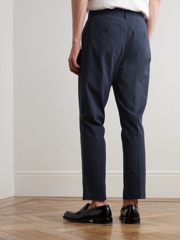 Steve Straight-Leg Pleated Organic Cotton-Blend Seersucker Trousers - BK Steve Straight-Leg Pleated Organic Cotton-Blend Seersucker Trousers - BK