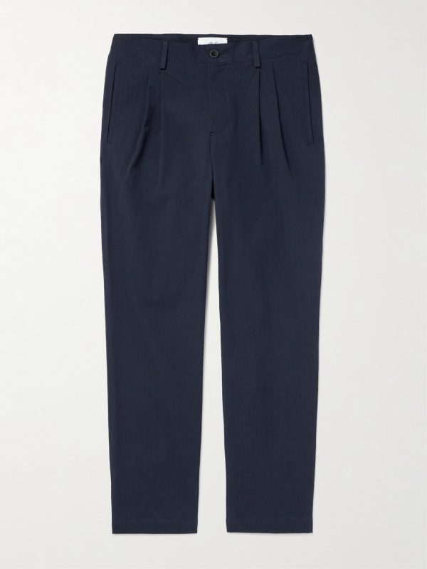 Steve Straight-Leg Pleated Organic Cotton-Blend Seersucker Trousers Steve Straight-Leg Pleated Organic Cotton-Blend Seersucker Trousers