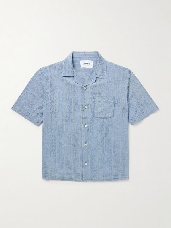 Convertible-Collar Striped Cotton-Seersucker Shirt Convertible-Collar Striped Cotton-Seersucker Shirt