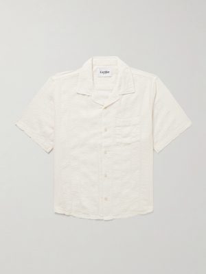 Convertible-Collar Striped Cotton-Blend Seersucker Shirt