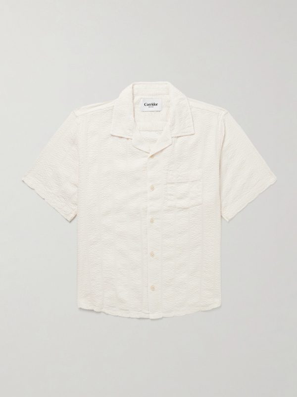 Convertible-Collar Striped Cotton-Blend Seersucker Shirt