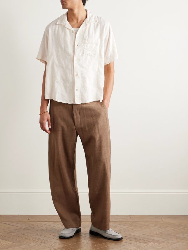 Convertible-Collar Striped Cotton-Blend Seersucker Shirt - OU