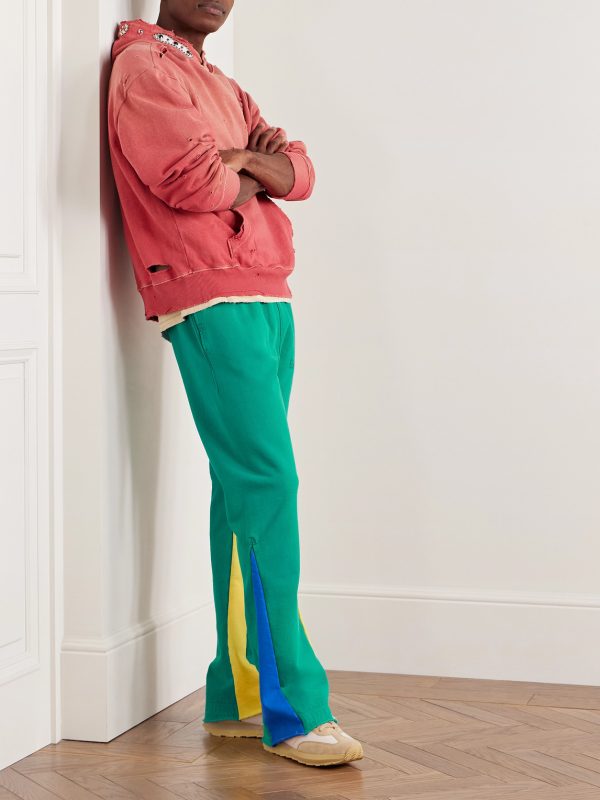 Flared Denim-Panelled Logo-Print Cotton-Jersey Sweatpants - OU Flared Denim-Panelled Logo-Print Cotton-Jersey Sweatpants - OU