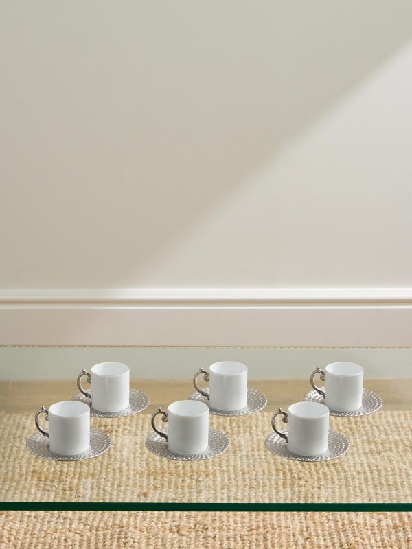 Corde Set of Six Platinum-Plated Porcelain Espresso Cups and Saucers Corde Set of Six Platinum-Plated Porcelain Espresso Cups and Saucers