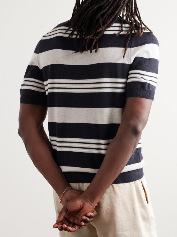 Camp-Collar Striped Merino Wool Polo Shirt - BK