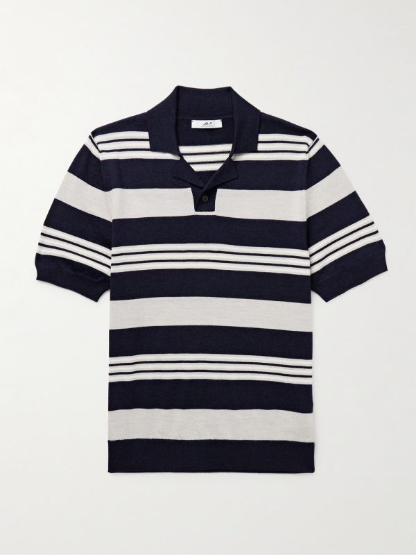Camp-Collar Striped Merino Wool Polo Shirt