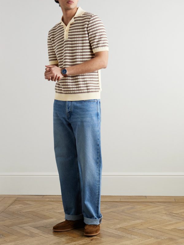 Striped Textured-Knit Organic Cotton Polo Shirt - OU