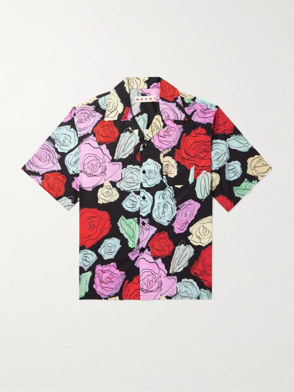 Convertible-Collar Floral-Print Cotton-Poplin Shirt