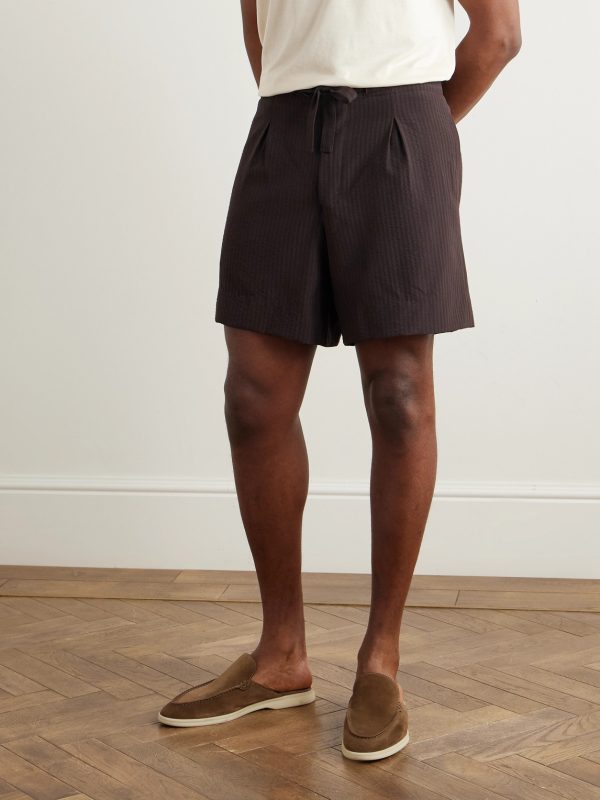 Straight-Leg Pleated Wool-Seersucker Shorts - FR Straight-Leg Pleated Wool-Seersucker Shorts - FR
