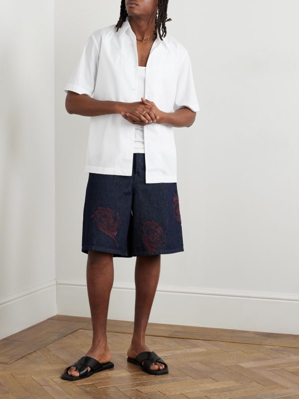 Straight-Leg Embroidered Denim Bermuda Shorts - OU Straight-Leg Embroidered Denim Bermuda Shorts - OU