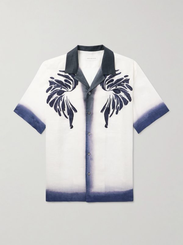Camp-Collar Embroidered Dégradé Ramie Shirt Camp-Collar Embroidered Dégradé Ramie Shirt