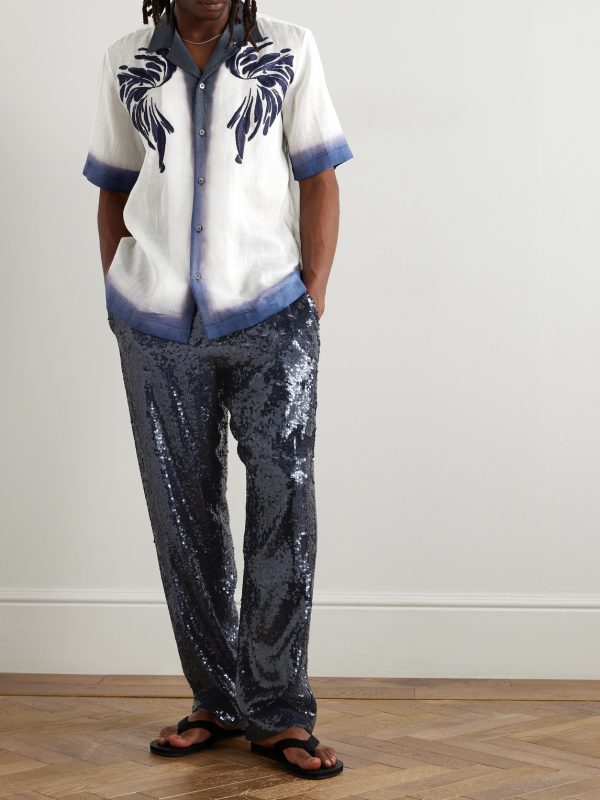 Camp-Collar Embroidered Dégradé Ramie Shirt - OU Camp-Collar Embroidered Dégradé Ramie Shirt - OU