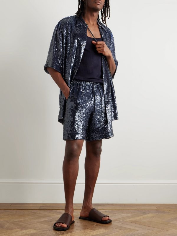 Straight-Leg Sequinned Crepe Drawstring Bermuda Shorts - OU Straight-Leg Sequinned Crepe Drawstring Bermuda Shorts - OU