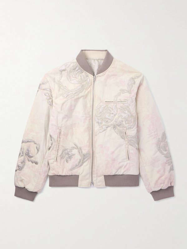Reversible Embroidered Floral-Print Cotton and Lamé Bomber Jacket