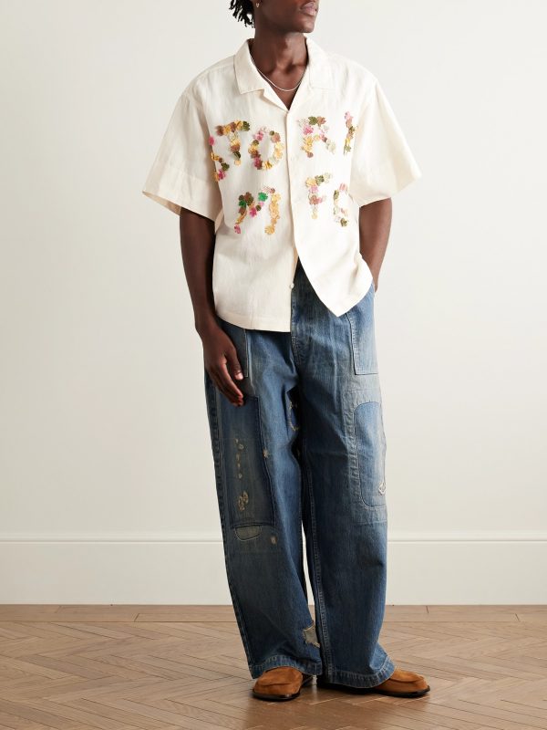 Greetings Camp-Collar Logo-Appliquéd Cotton and Linen-Blend Shirt - OU