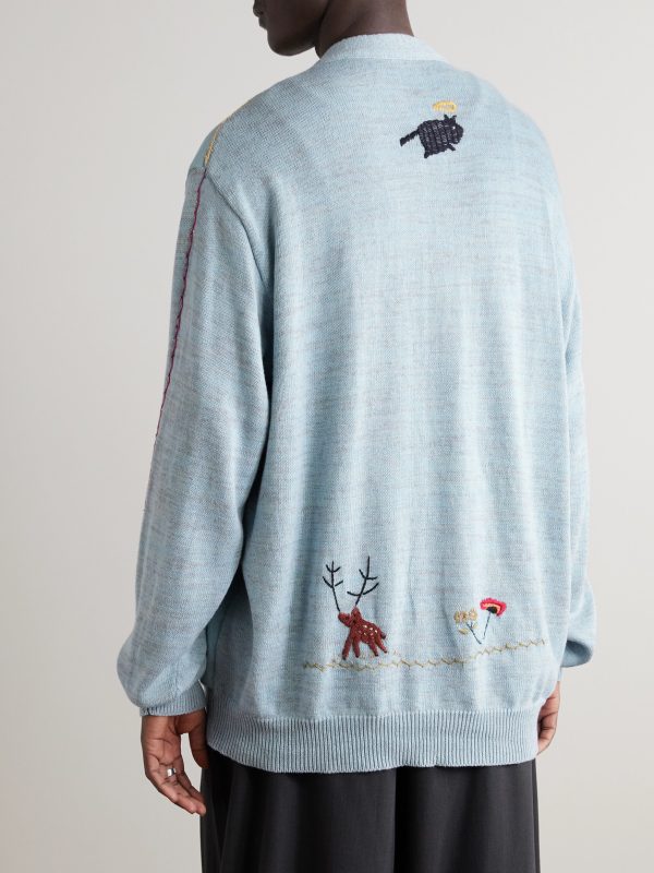 Embroidered Chambray and Cotton Cardigan - BK Embroidered Chambray and Cotton Cardigan - BK