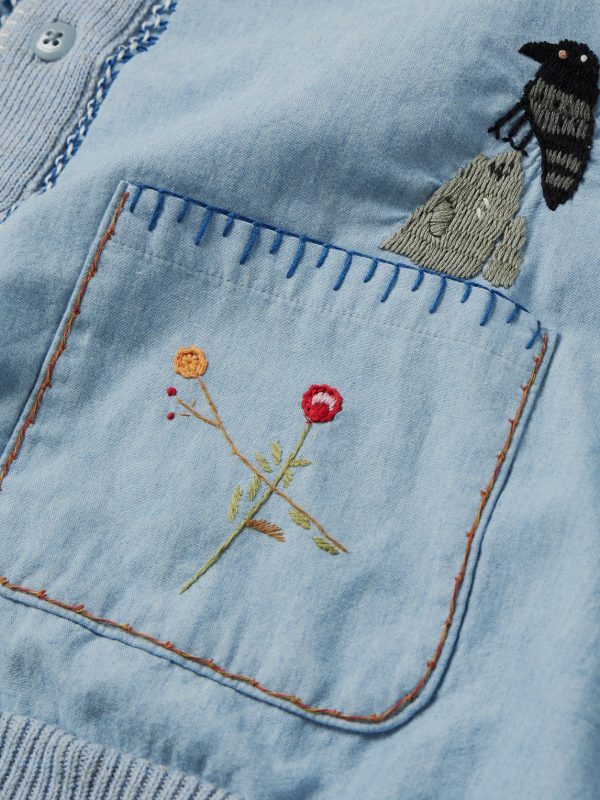 Embroidered Chambray and Cotton Cardigan - E1 Embroidered Chambray and Cotton Cardigan - E1