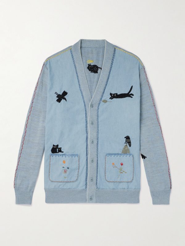 Embroidered Chambray and Cotton Cardigan Embroidered Chambray and Cotton Cardigan