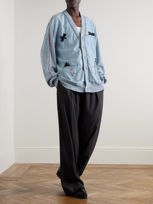 Embroidered Chambray and Cotton Cardigan - OU Embroidered Chambray and Cotton Cardigan - OU