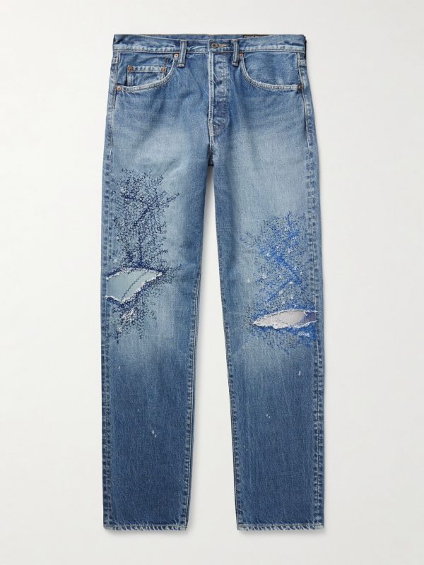 Monkey CISCO Straight-Leg Distressed Embroidered Jeans