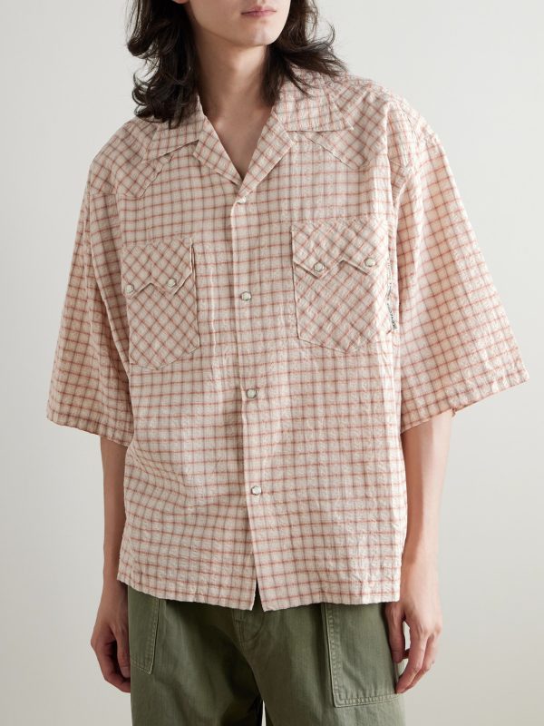 Camp-Collar Logo-Appliquéd Checked Cotton and Linen-Blend Seersucker Western Shirt - FR Camp-Collar Logo-Appliquéd Checked Cotton and Linen-Blend Seersucker Western Shirt - FR